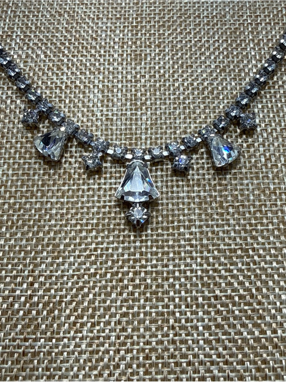 Vintage KRAMER Signed Clear Rhinestone Geometric Fringe Tennis Necklace 14”
